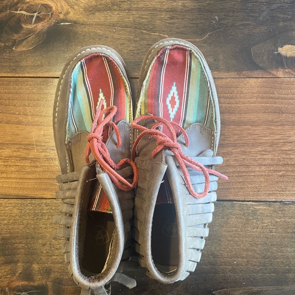 Womens Ariat Brown Moccasin-Style Shoes with Red & Multi-Color Aztec Inlay